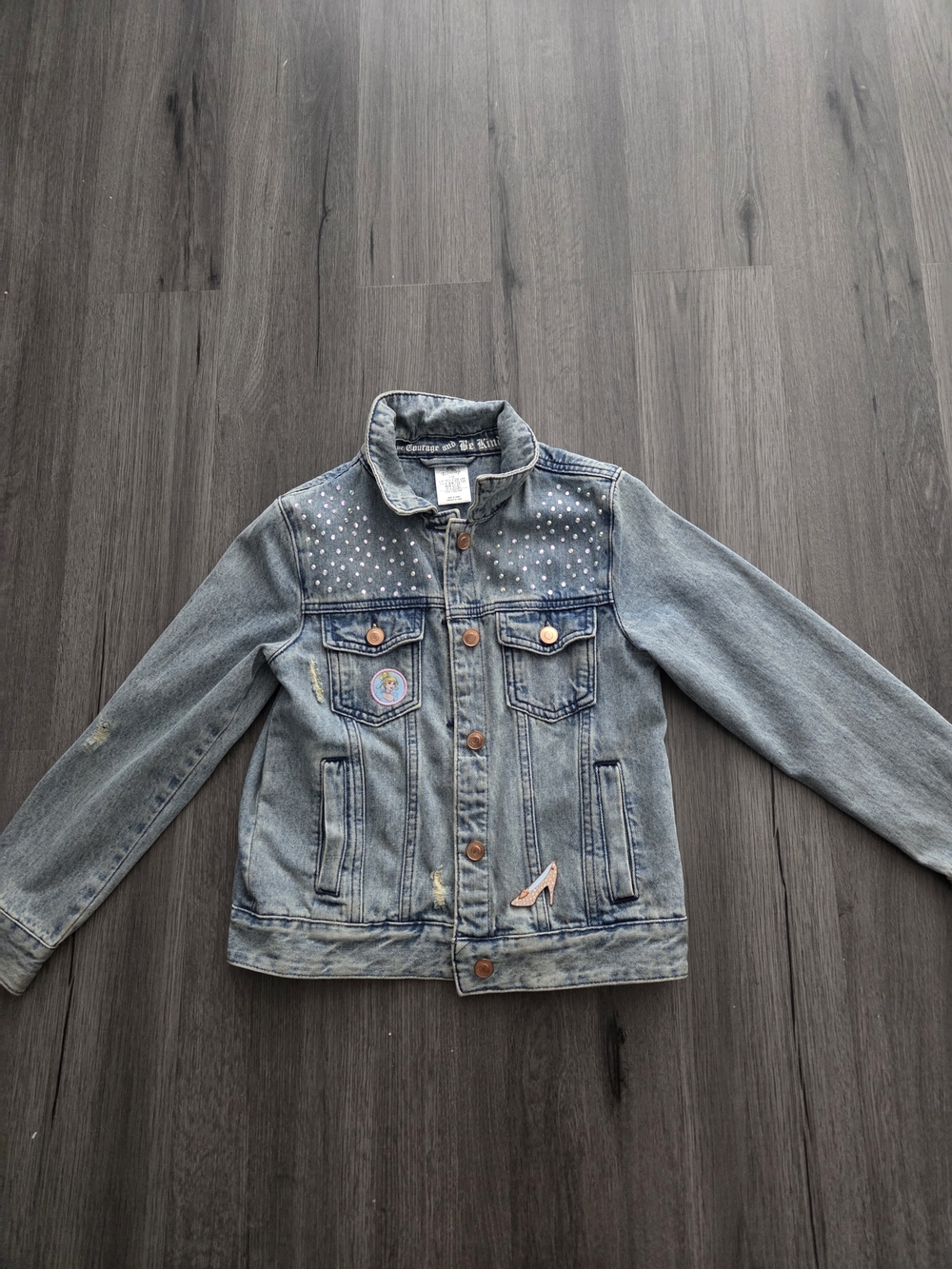 Disney Light Blue Jean Jacket with Studs and Patch Accents
